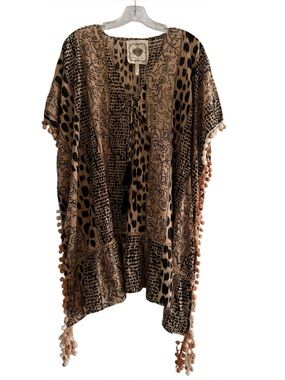 Z&L for Anthropologie Cheetah Print Tassel Tie Boho Cover Up Top Summer Resort